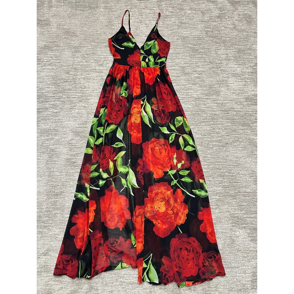 Bebe Romper Maxi Dress Womens 0 Red Black Floral Deep V Neck Slits - Picture 5 of 15